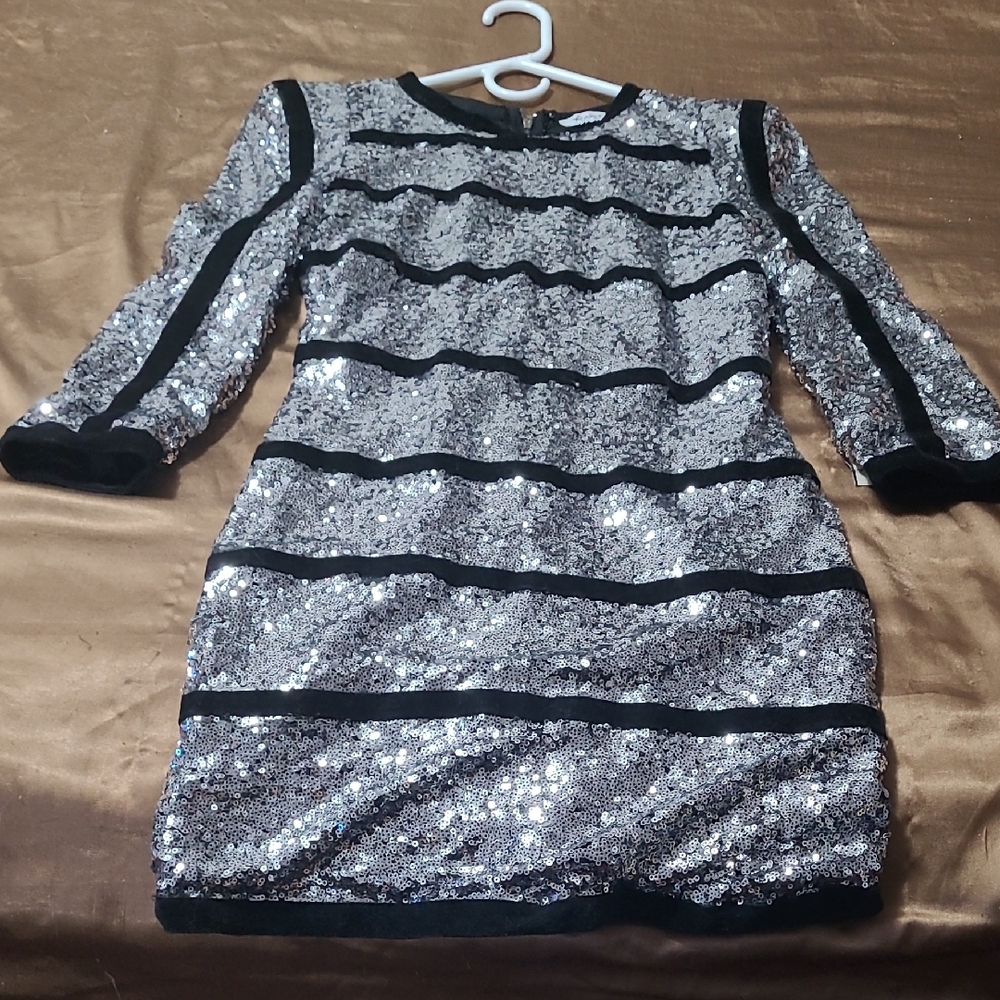 Xtaren Silver Sequin Top with Black Velvet Accents